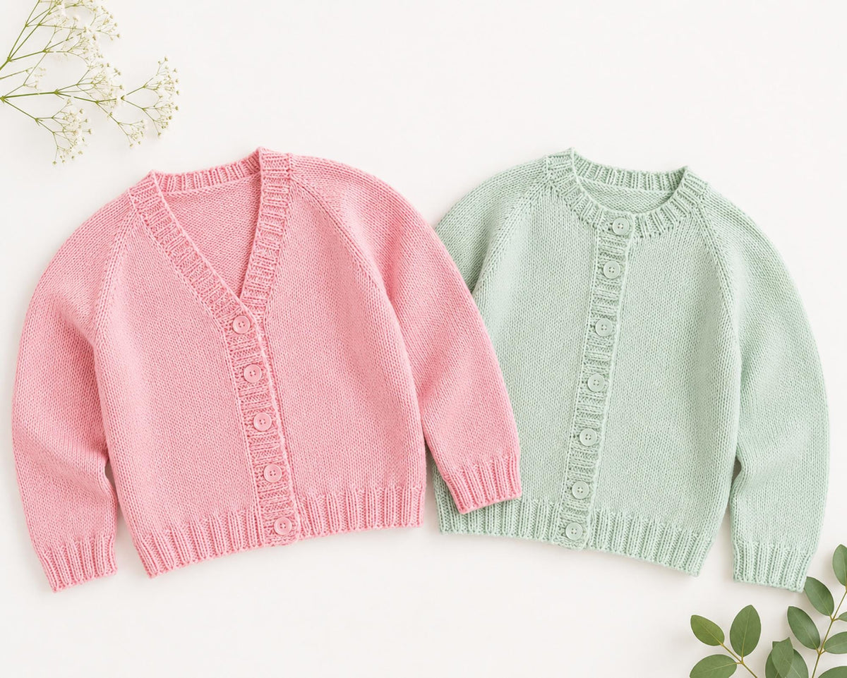Easy Knit Girls Boys Raglan Cardigan Knitting Pattern PDF Plain V or Round Neck Jacket DK Age 1 - 12 years