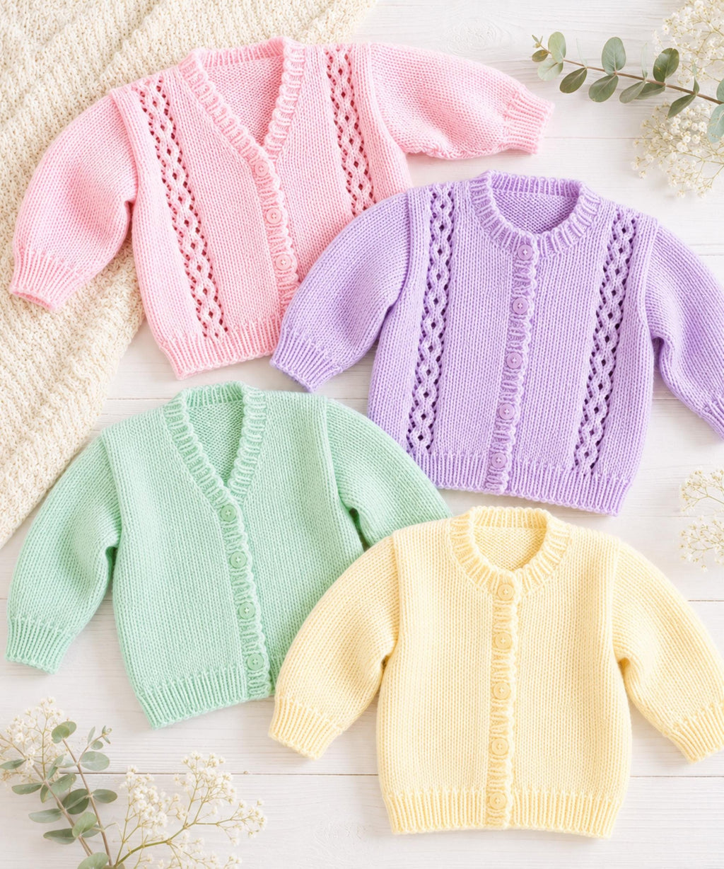 Baby & Child Cardigan Knitting Pattern PDF Round or V-Neck  Plain or Patterned DK Premature - Age 6
