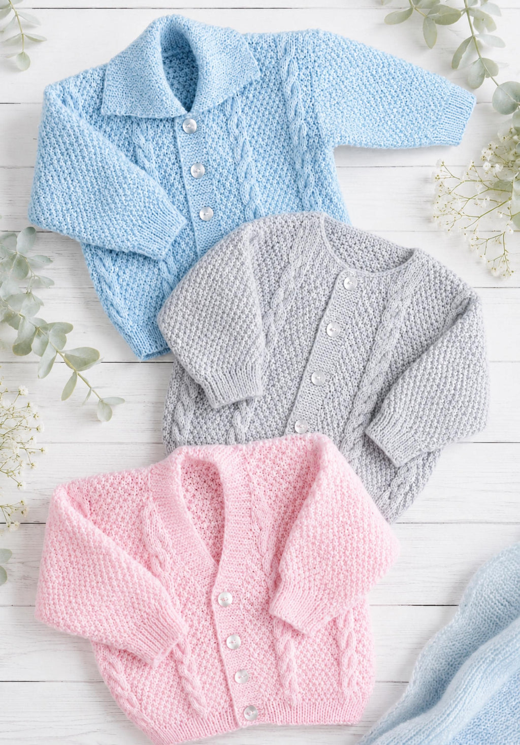 Baby Cable Cardigans Knitting Pattern PDF Round Neck, V-Neck or Collared Premature to Age 4