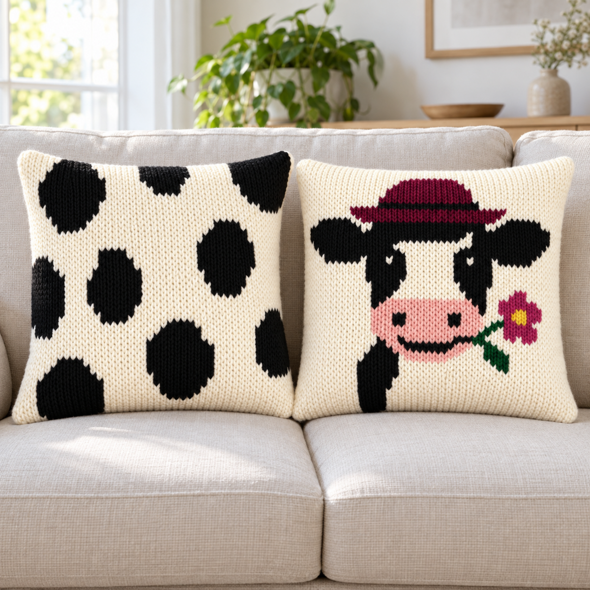 Cow Print & Flower Cow Cushion Pillow Cover Knitting Pattern PDF 40 cm