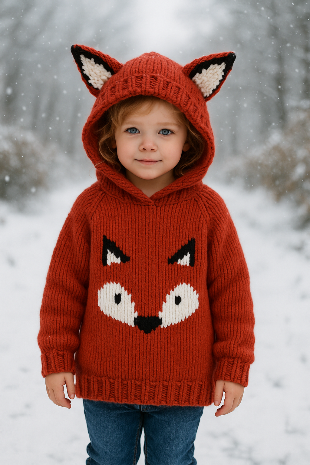 Child's Fox Hooded Sweater with Ears Knitting Pattern PDF Chunky Jumper Ages 1–12 Years