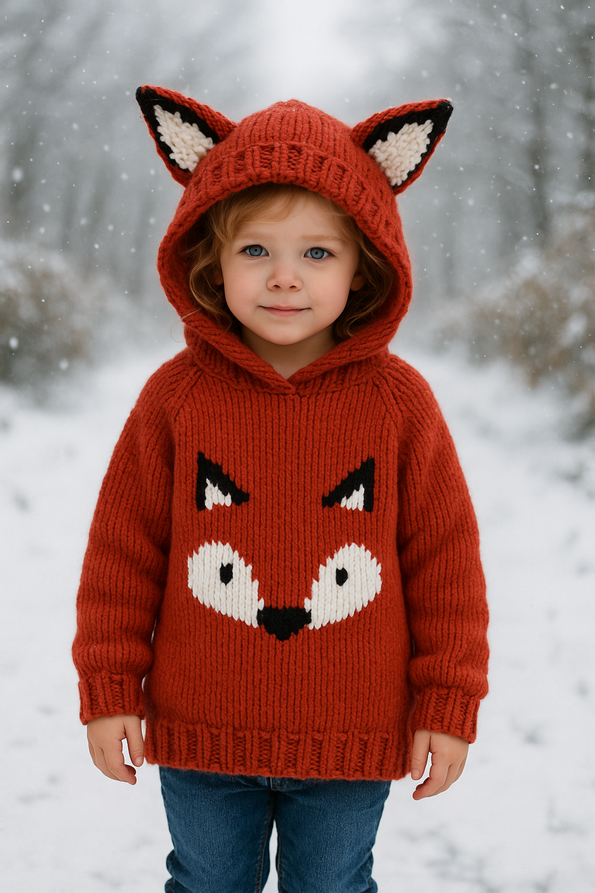 Child's Fox Hooded Sweater with Ears Knitting Pattern PDF Chunky Jumper Ages 1–12 Years