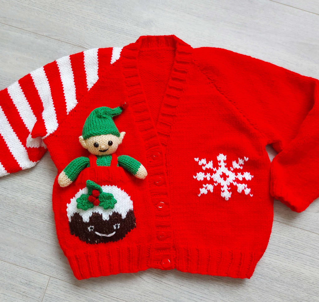 Girls Christmas Cardigan Knitting Pattern PDF & Pocket Elf Toy DK Age 1 - 12 years