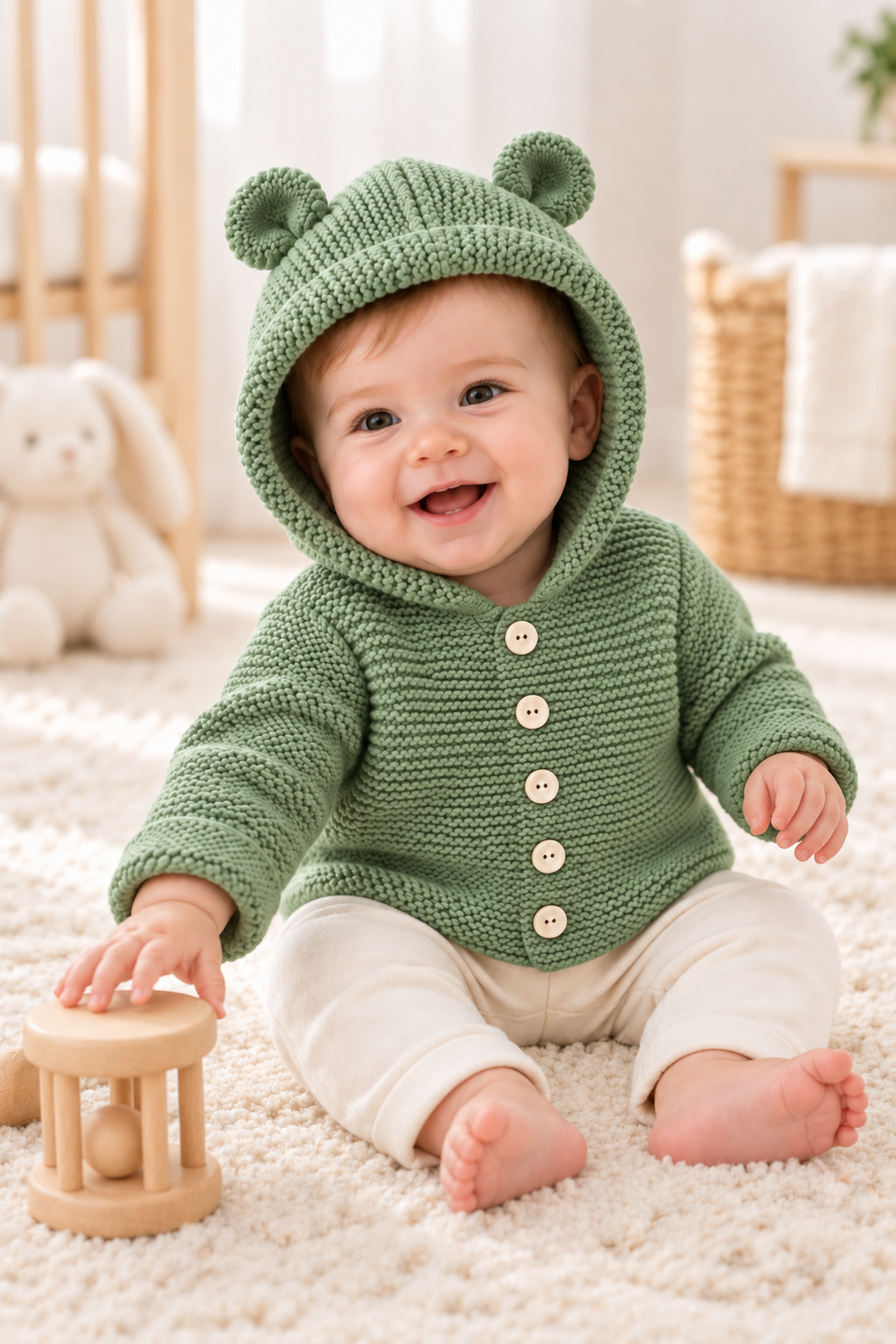 Easy Knit Garter Stitch Hooded Jacket Knitting Pattern PDF Bear Ears Cardigan Baby DK