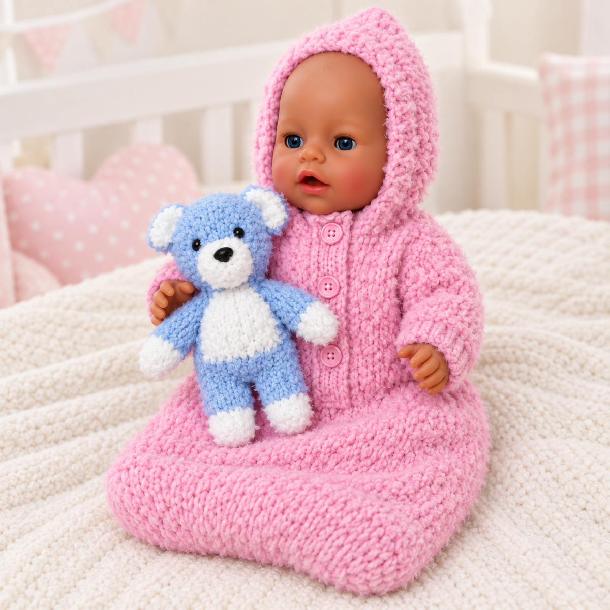 Doll’s Hooded Sleeping Bag & Teddy Bear Toy Knitting Pattern PDF 16 - 17 Inch