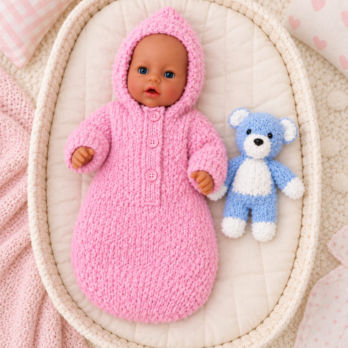 Doll’s Hooded Sleeping Bag & Teddy Bear Toy Knitting Pattern PDF 16 - 17 Inch