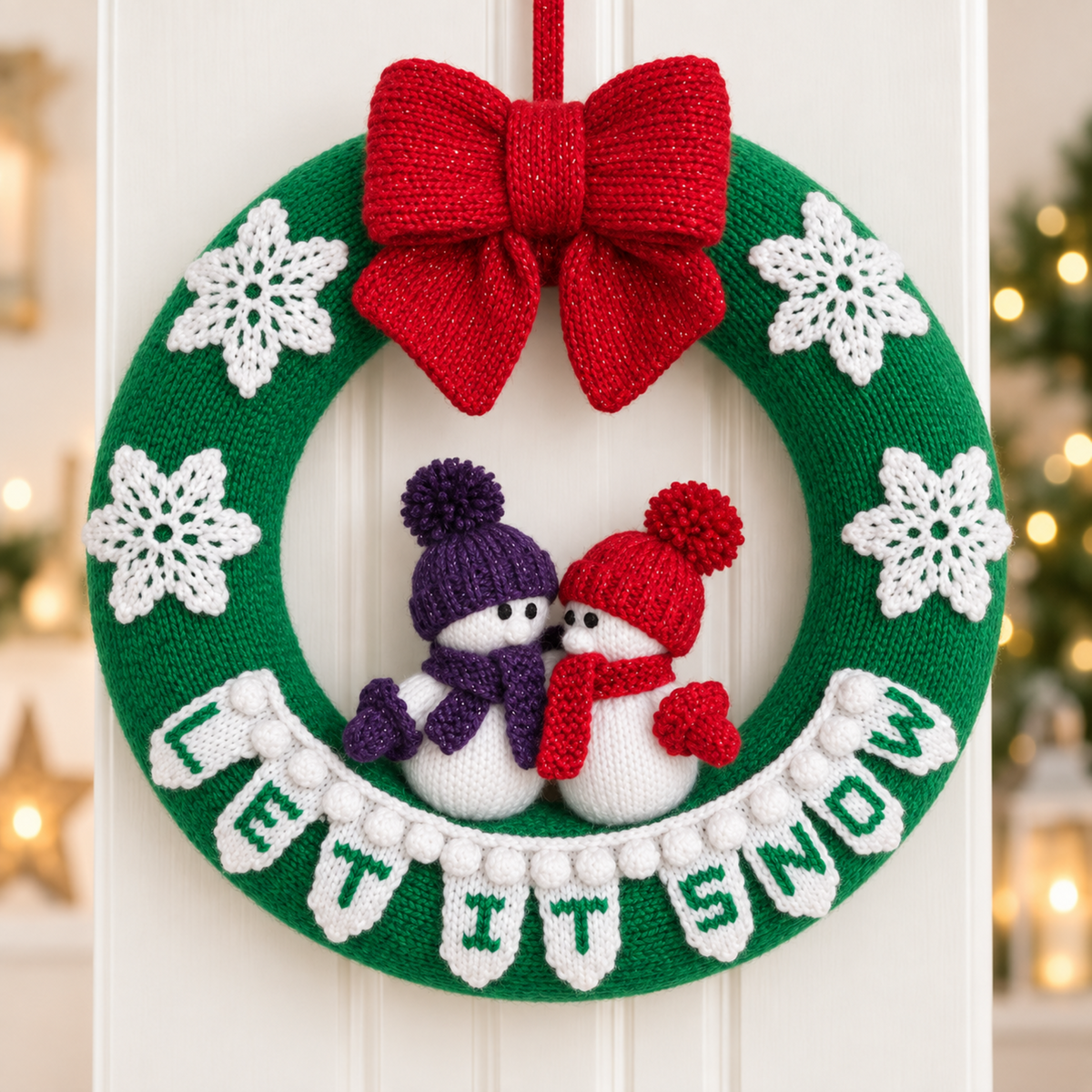 Let It Snow Christmas Wreath Knitting Pattern PDF Snowman Door Decoration DK