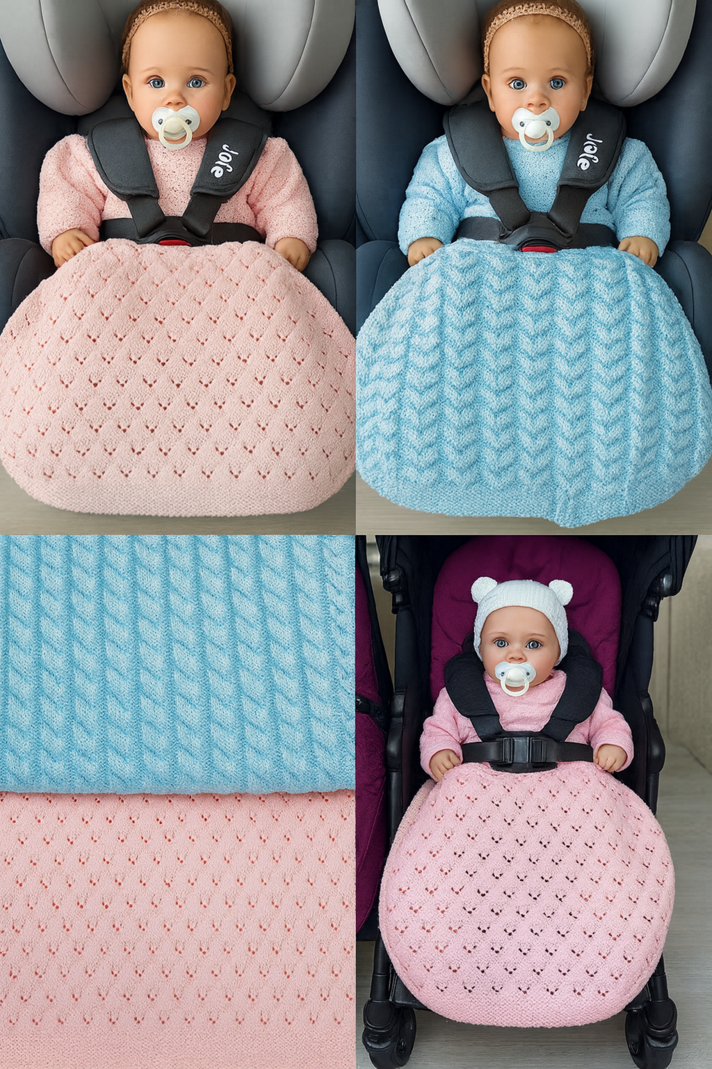 Baby Car Seat Blanket Knitting Pattern – 2 DK Pram & Pushchair Designs – PDF Download