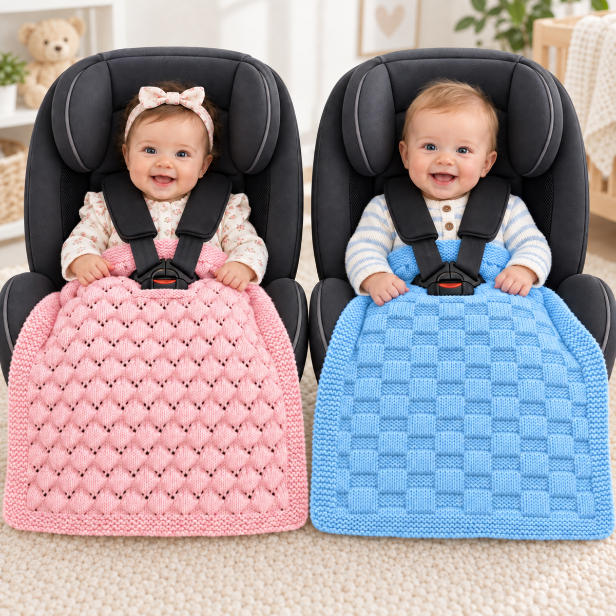 Baby Car Seat Blanket Knitting Pattern – 2 DK Pram & Pushchair Designs – PDF Download