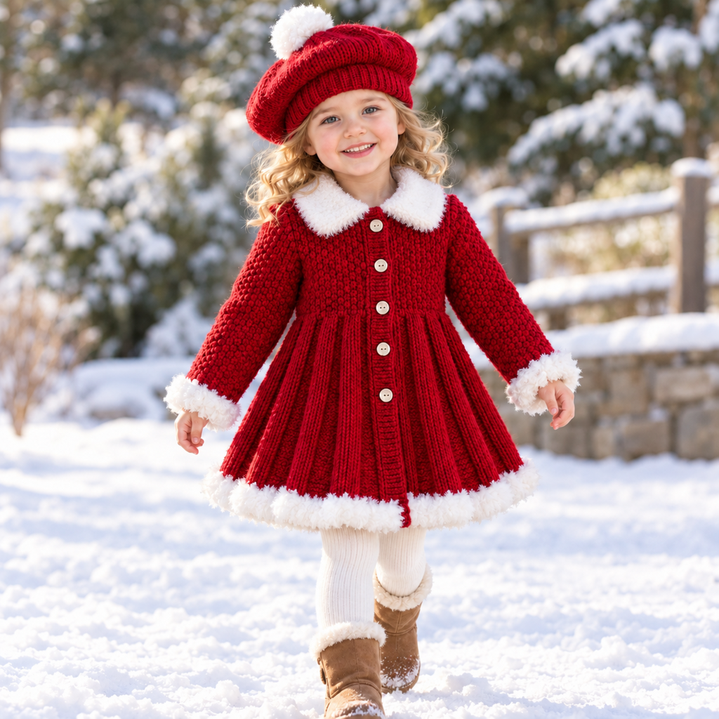 Girls Fur Trim Coat & Beret Hat KNITTING PATTERN Chunky Christmas Jacket Age 0-7