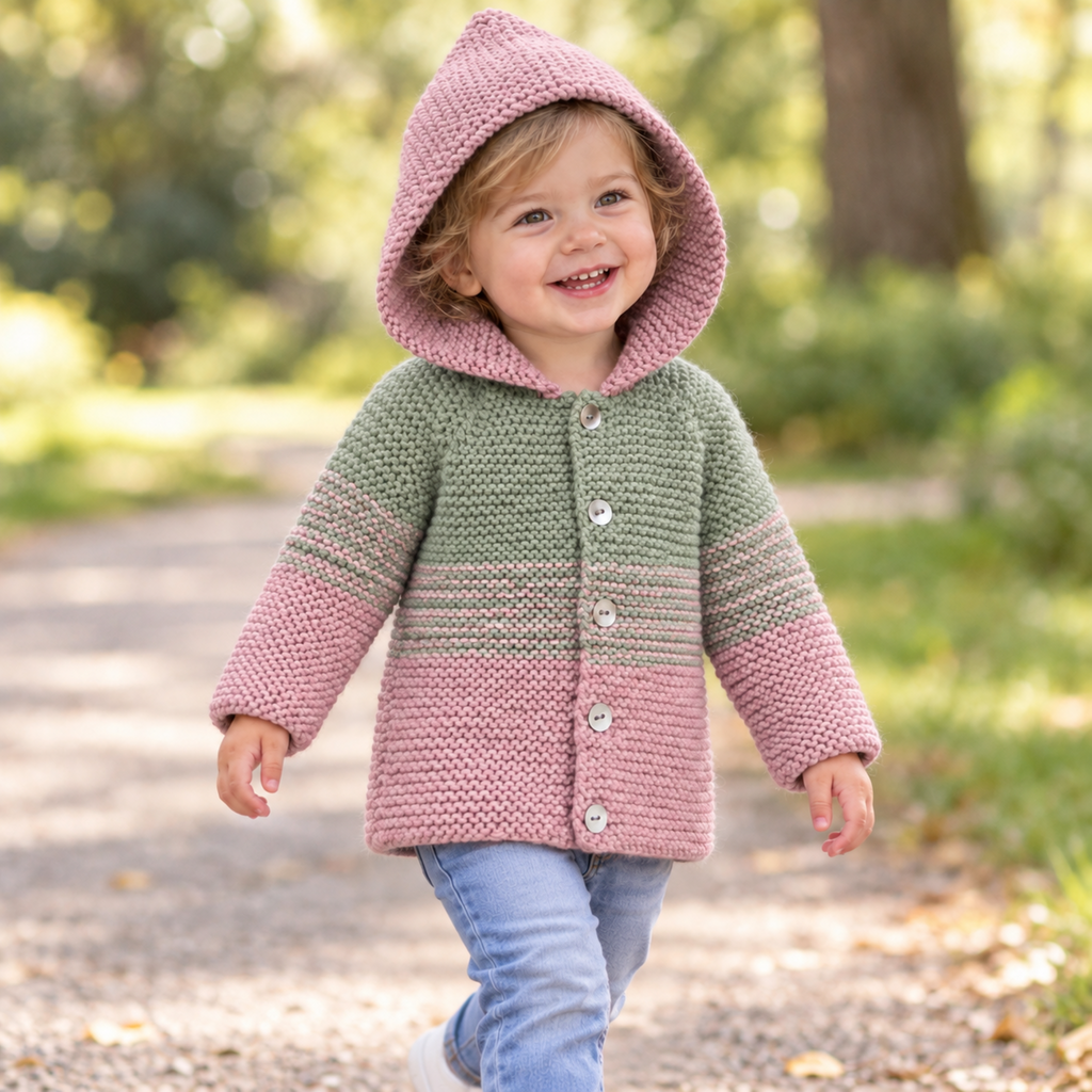 Easy Knit Ombre Hooded Jacket Knitting Pattern PDF 4 Ply Age 0 - 4 years