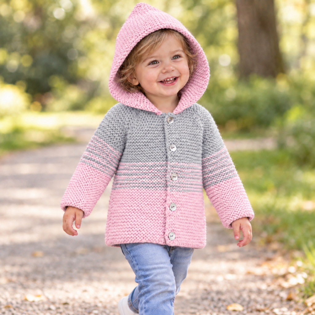 Easy Knit Ombre Hooded Jacket Knitting Pattern PDF 4 Ply Age 0 - 4 years