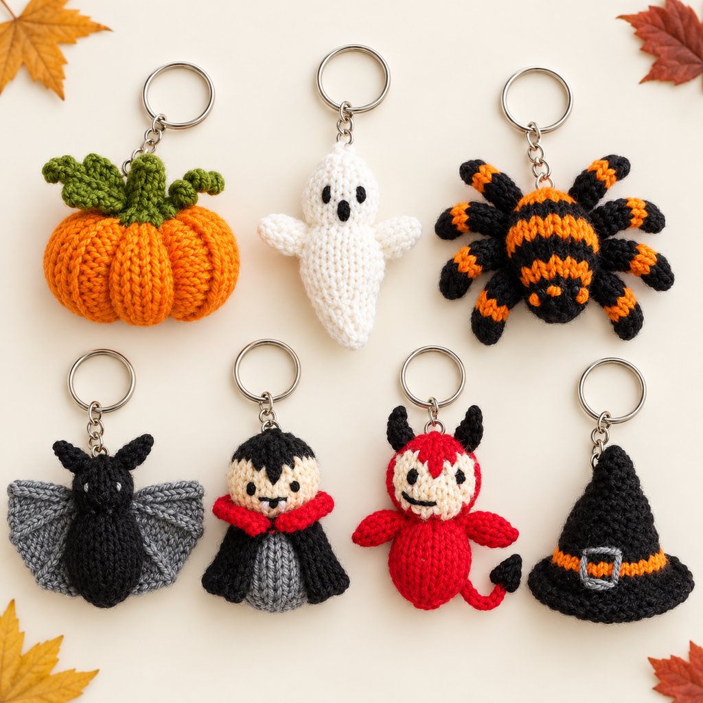 Mini Halloween Decorations Knitting Pattern PDF DK Spooky Keychain