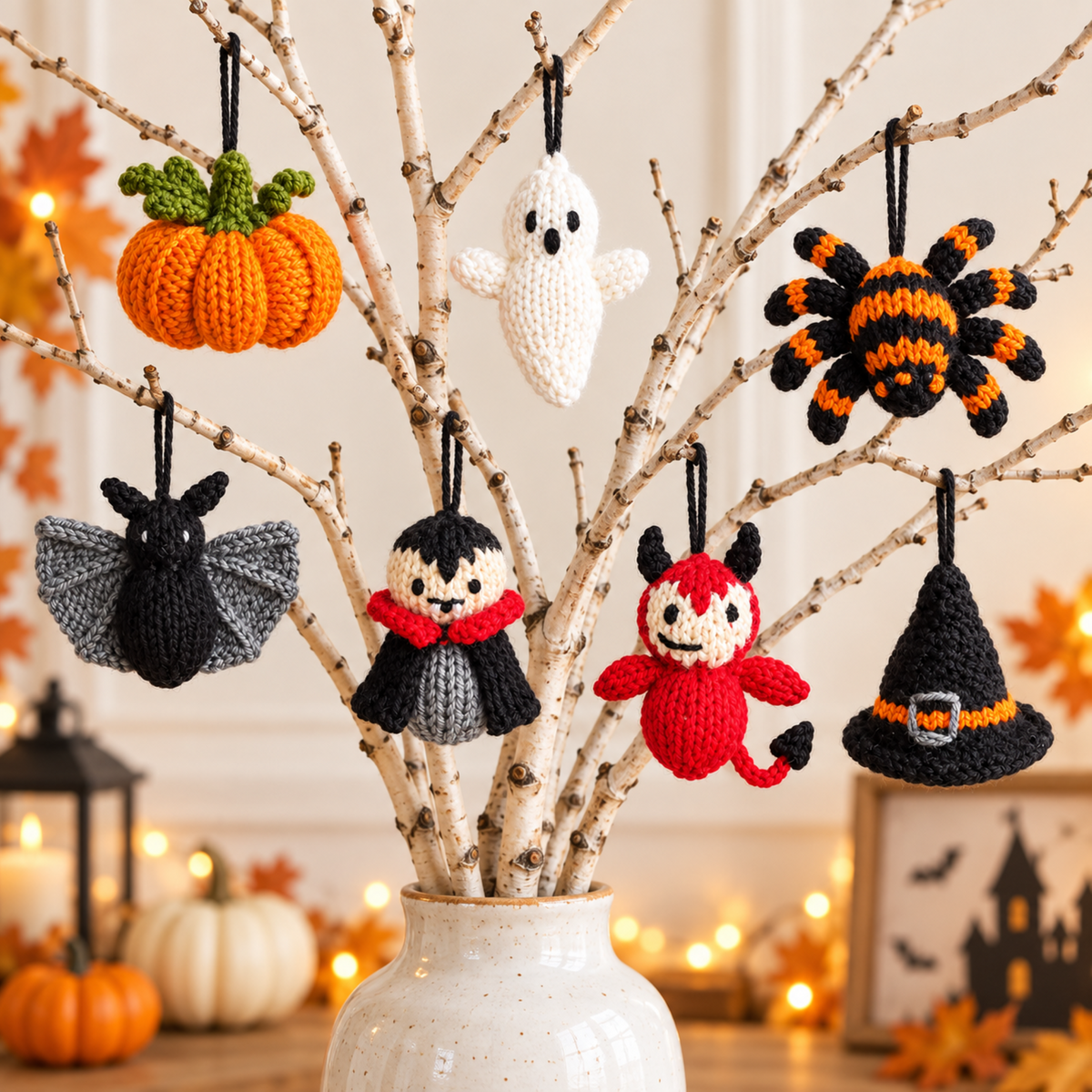 Mini Halloween Decorations Knitting Pattern PDF DK Spooky Keychain