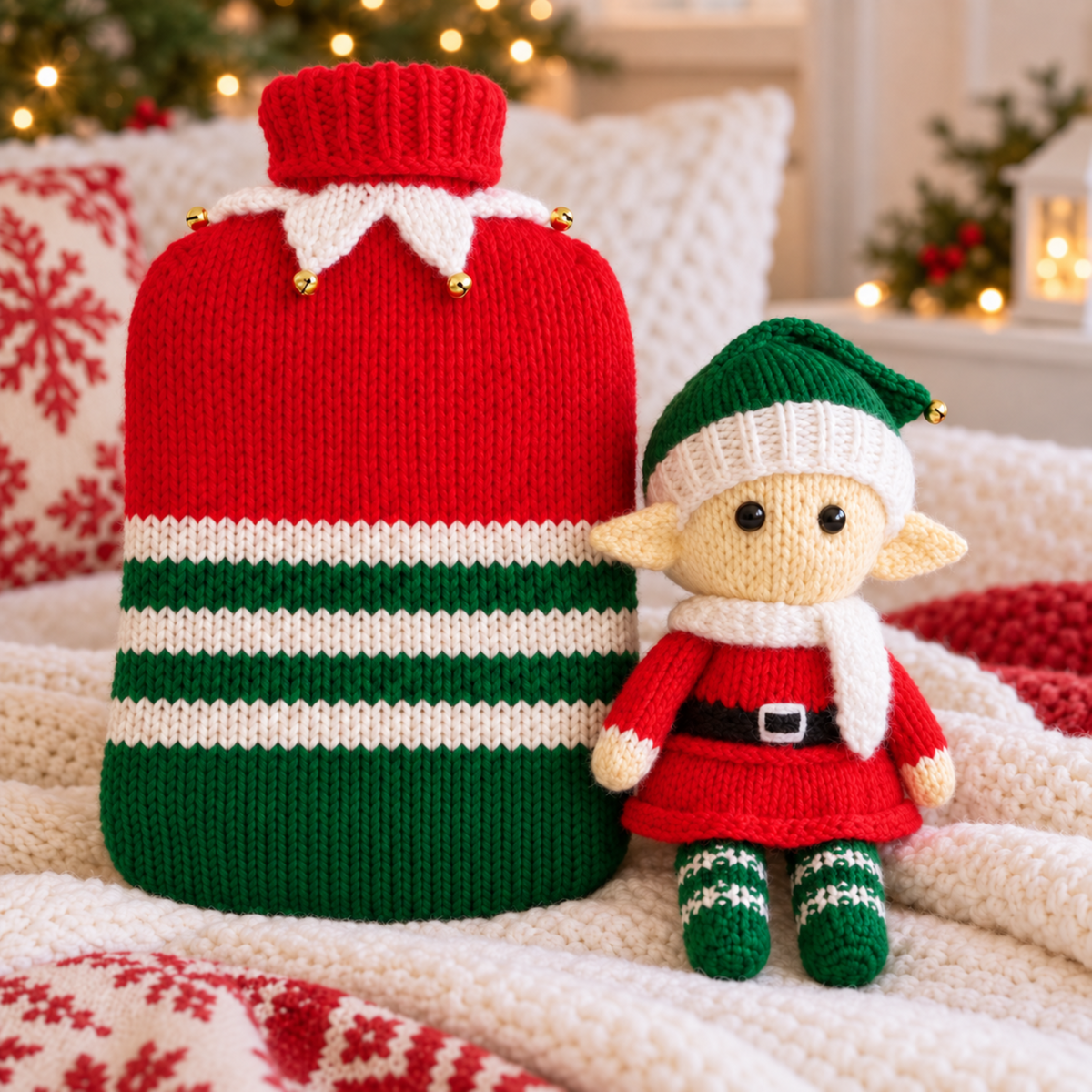 Christmas Elf Knitting Pattern PDF 2 Litre Hot Water Bottle Cover 25cm Toy