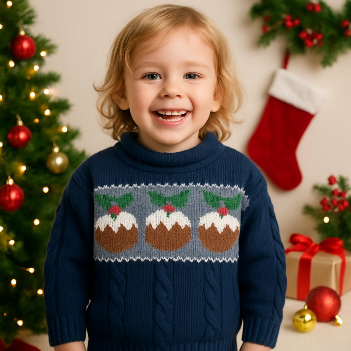 Christmas Pudding Childs Sweater Knitting Pattern PDF Cable Christmas Jumper Aran Age 6mths - 10 years