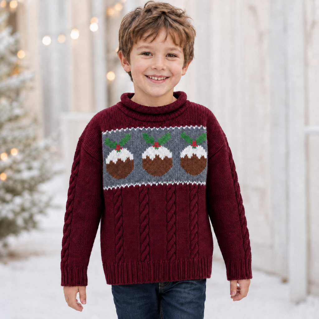 Christmas Pudding Childs Sweater Knitting Pattern PDF Cable Christmas Jumper Aran Age 6mths - 10 years