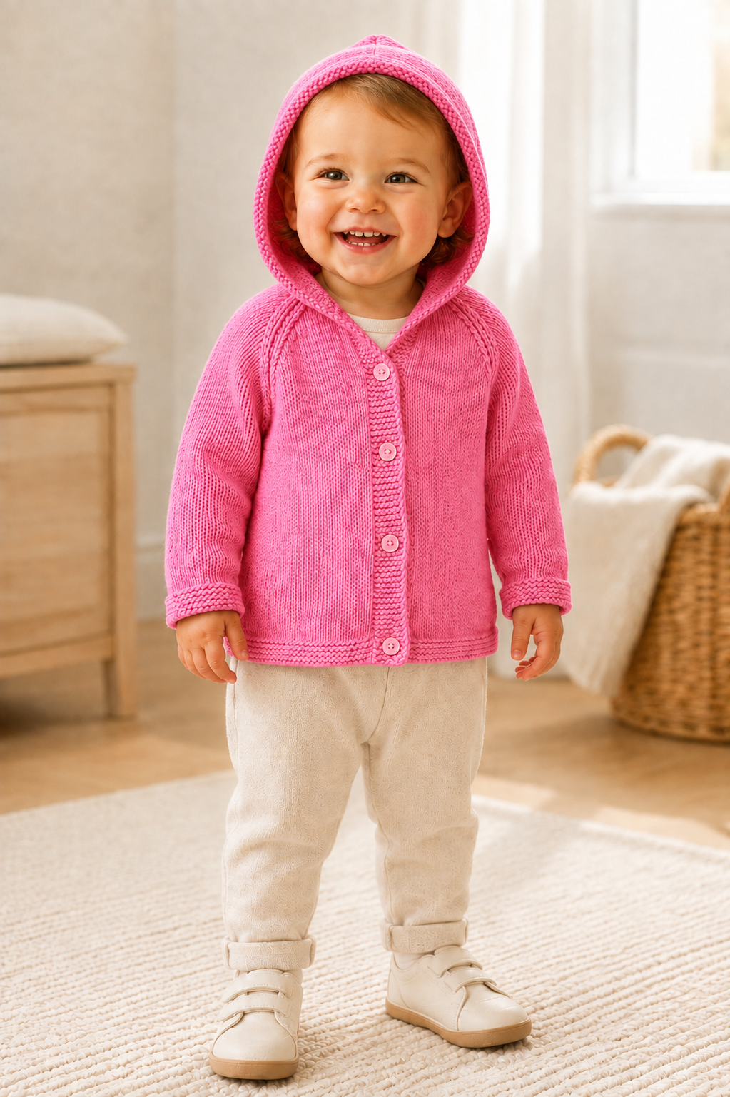 Girls Easy Hooded Jacket Knitting Pattern PDF Beginners Raglan Cardigan DK 8ply 20 - 24" Age 6 mths - 4 years