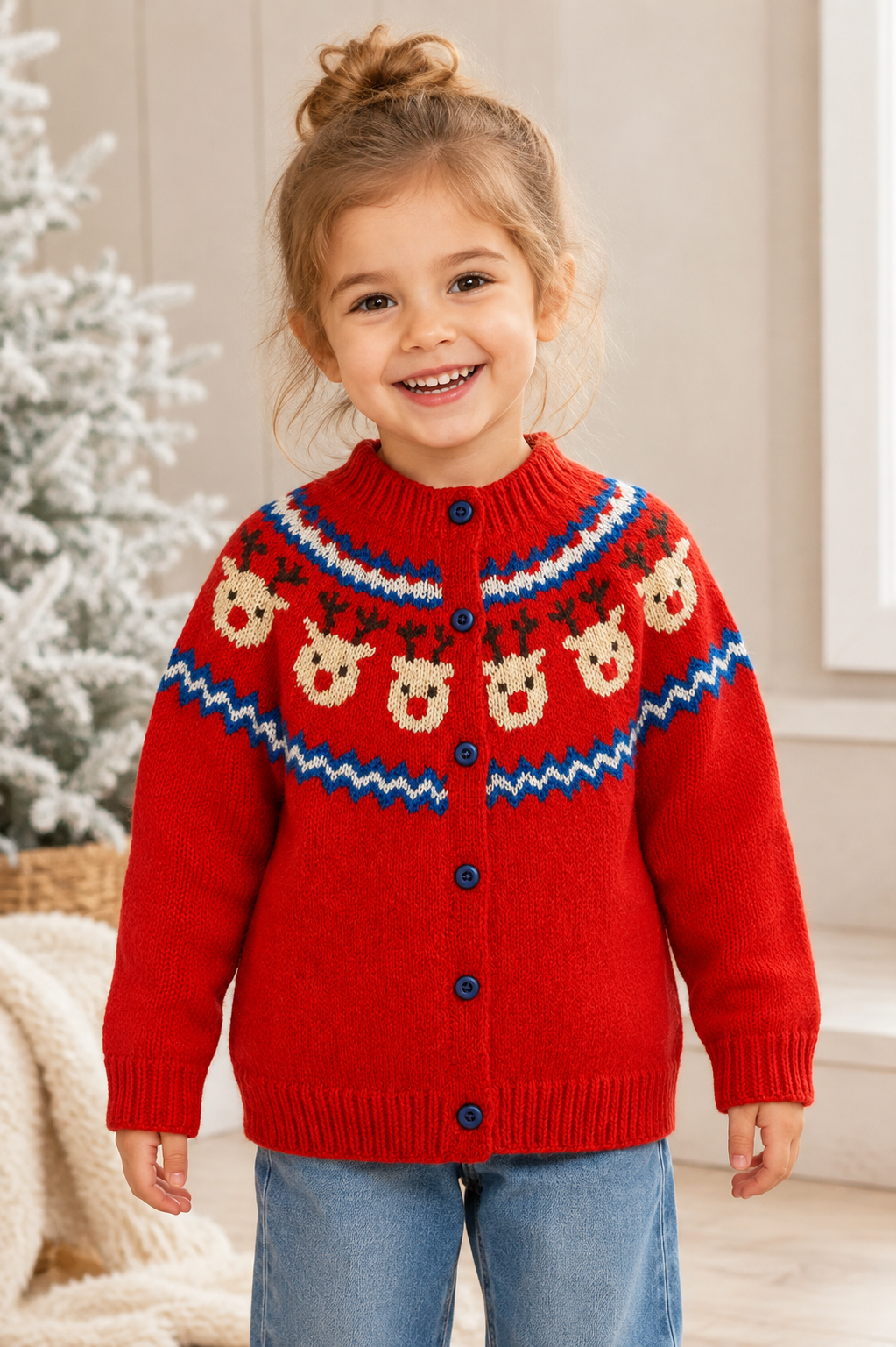 Reindeer Yoke Fair Isle Cardigan Knitting Pattern PDF Christmas DK Age 1 - 5 years