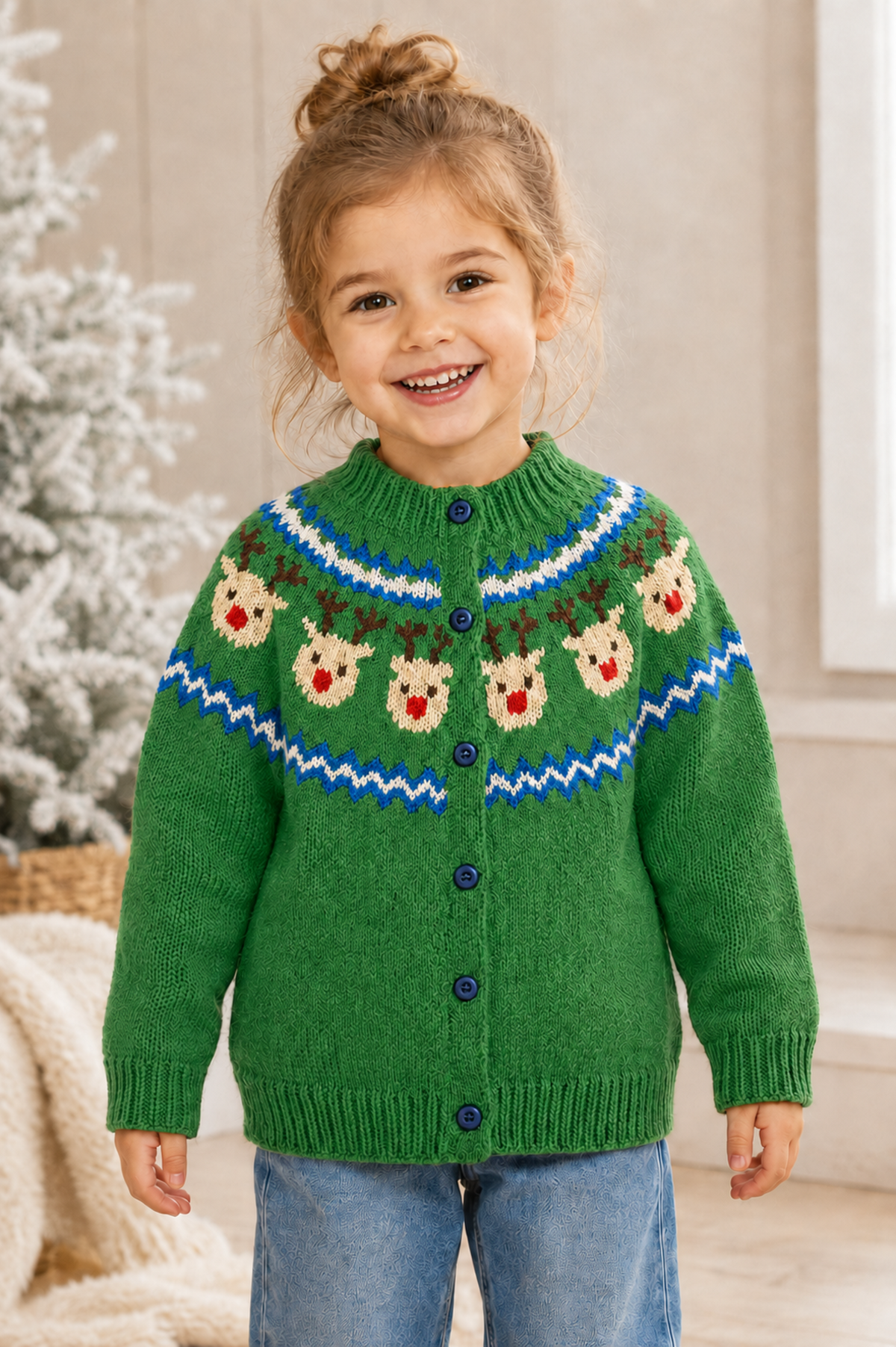 Reindeer Yoke Fair Isle Cardigan Knitting Pattern PDF Christmas DK Age 1 - 5 years