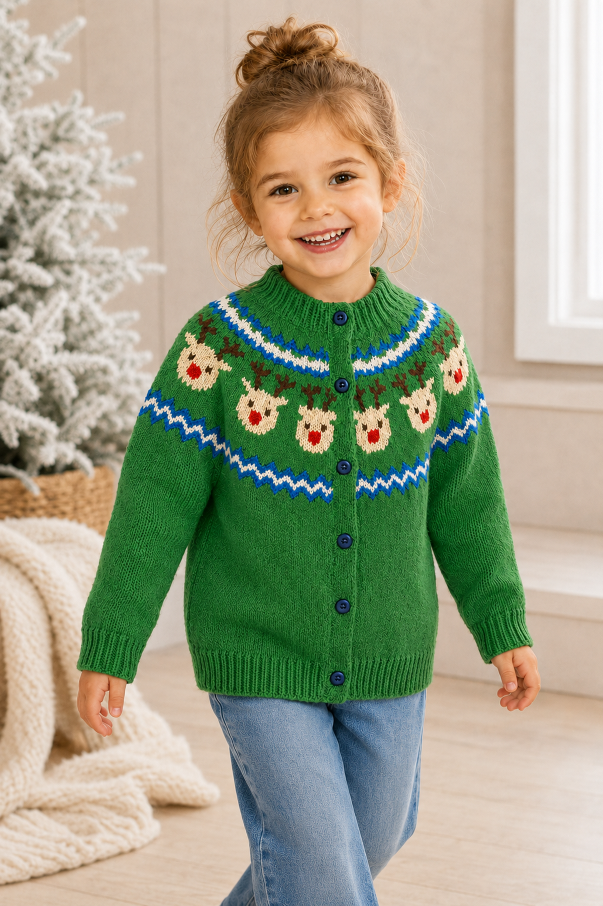 Reindeer Yoke Fair Isle Cardigan Knitting Pattern PDF Christmas DK Age 1 - 5 years