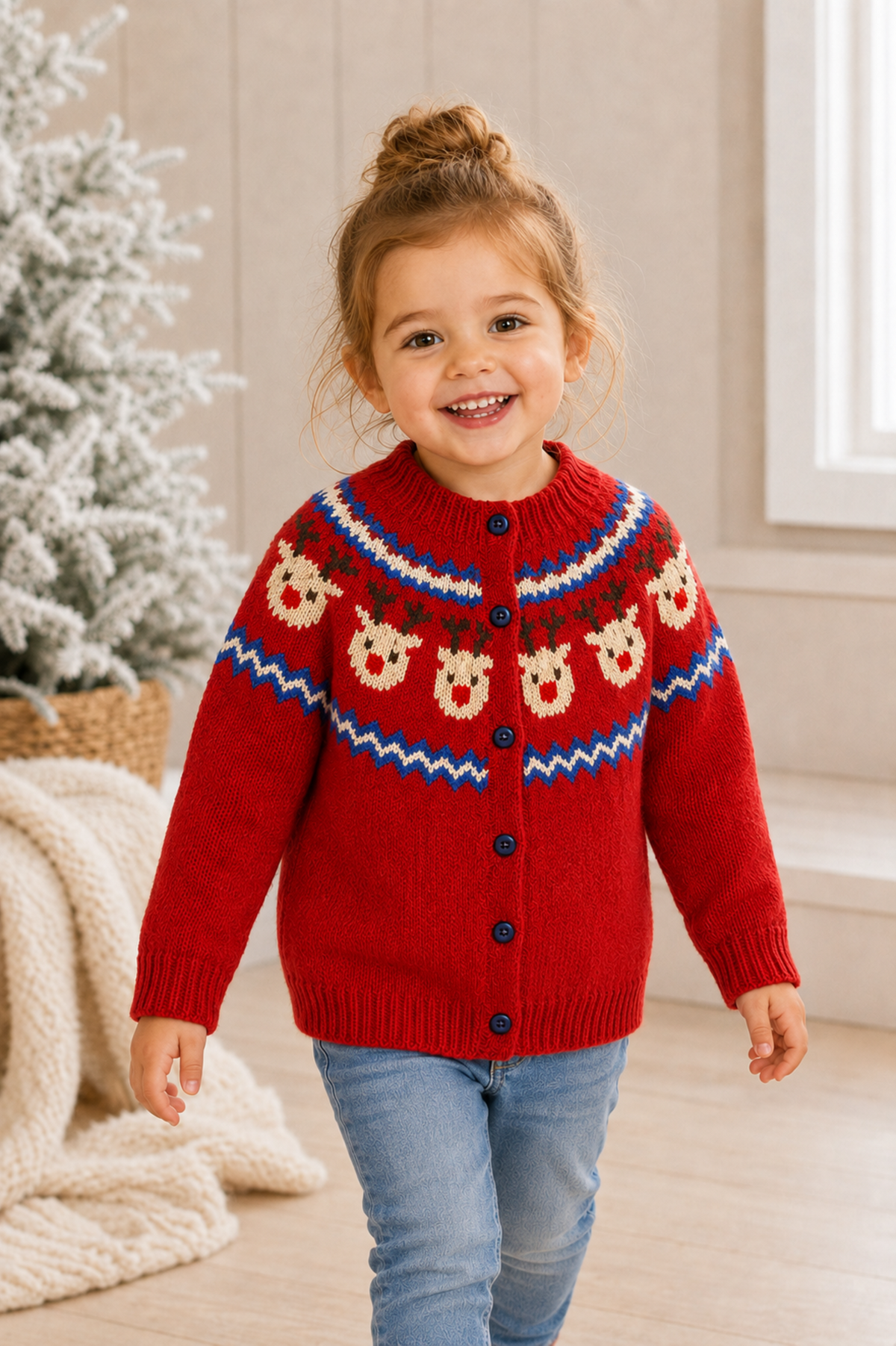 Reindeer Yoke Fair Isle Cardigan Knitting Pattern PDF Christmas DK Age 1 - 5 years