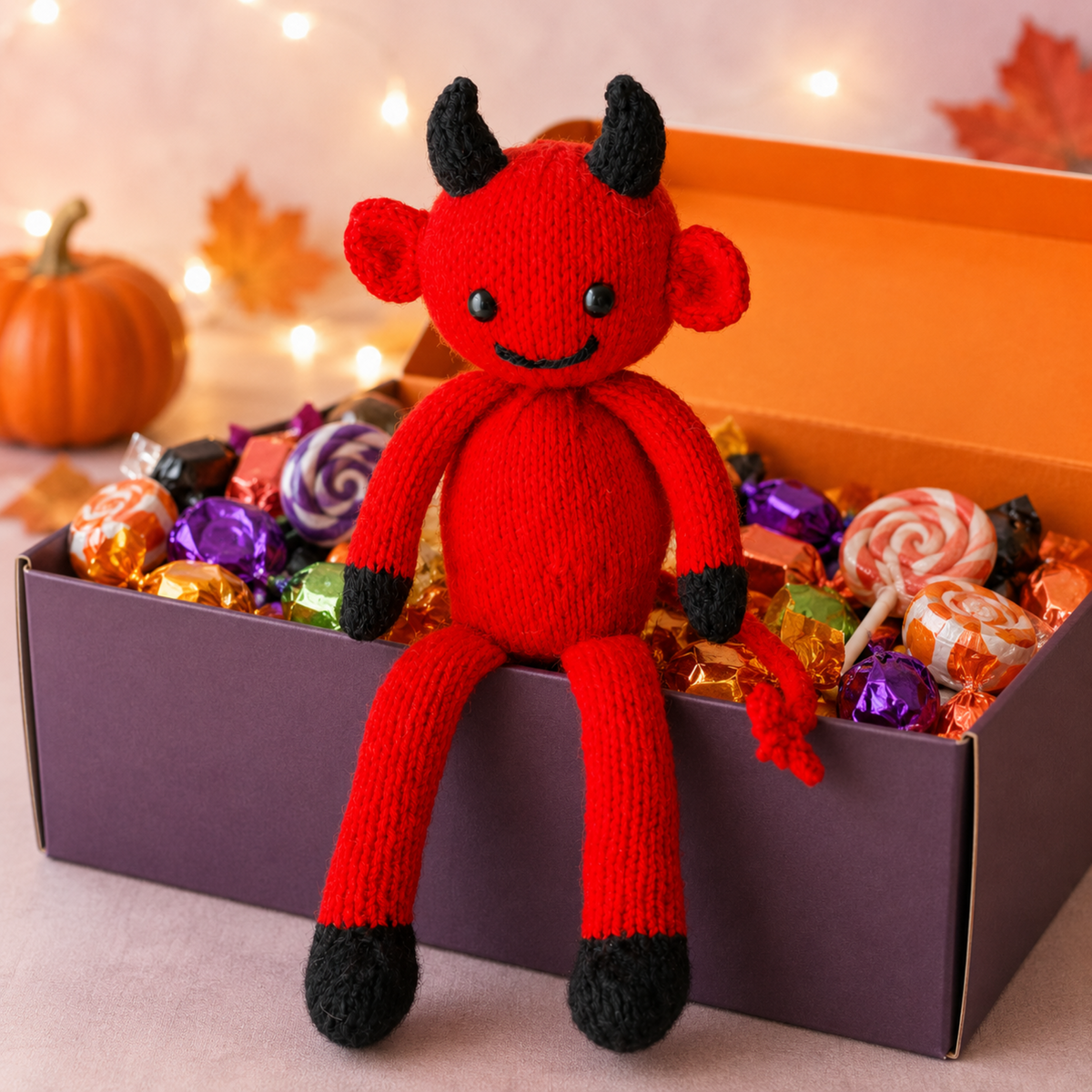 Little Devil Chocolate Orange Cover Knitting Pattern PDF Halloween Shelf Sitter DK