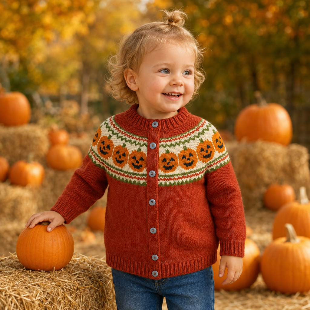 Pumpkin Yoked Cardigan Knitting Pattern PDF Ages 1–5 Years  DK Halloween
