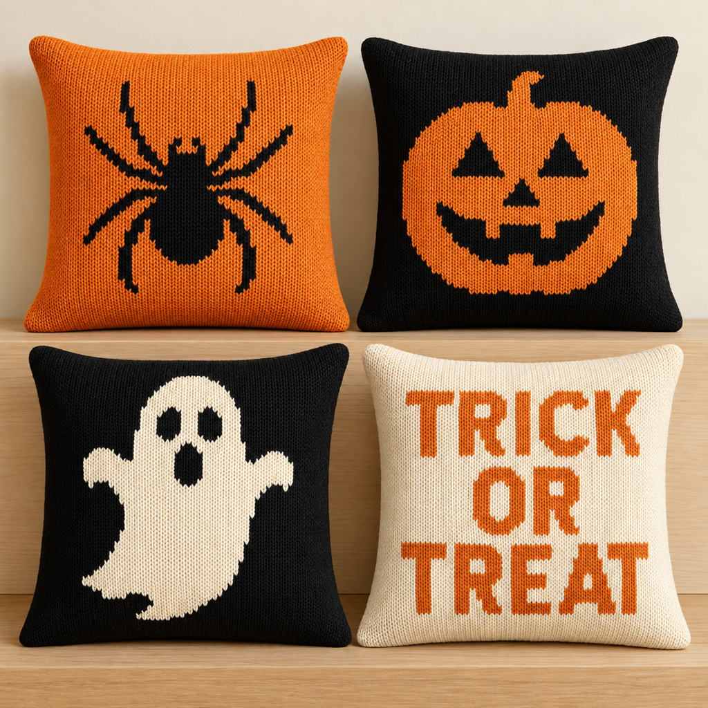 Halloween Cushion Cover Knitting Pattern PDF 4 Designs Aran 40cm