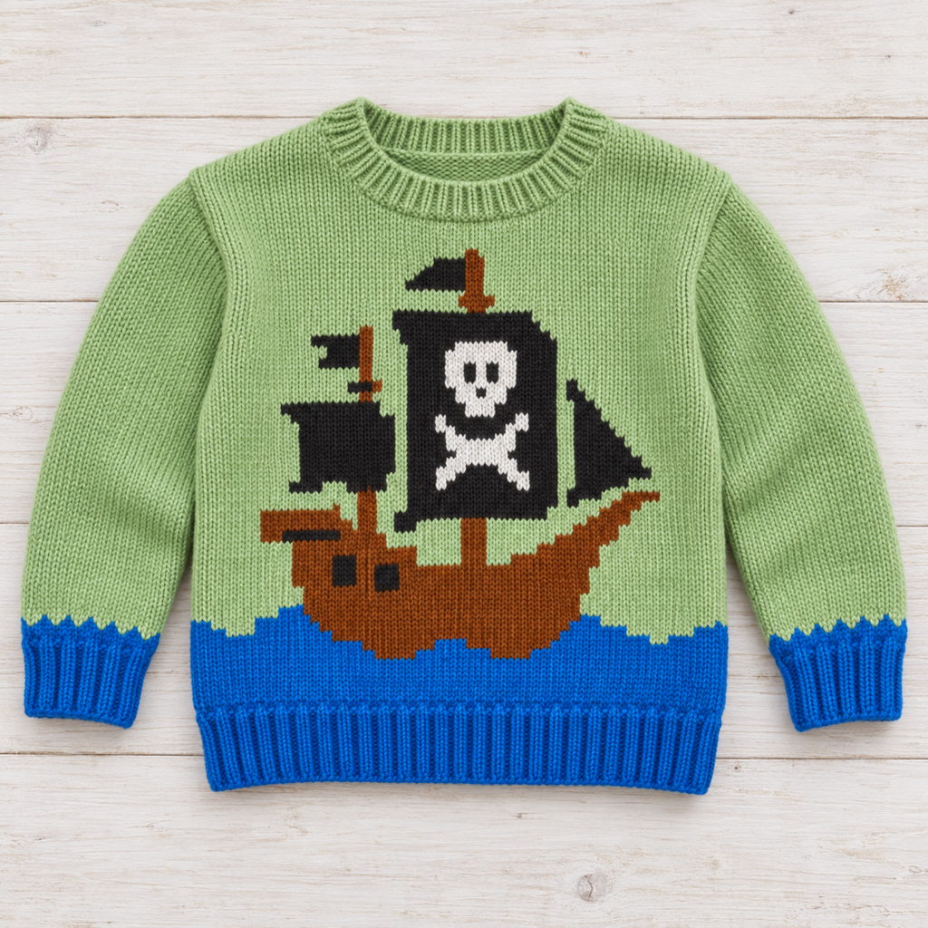 Pirate Ship Sweater Knitting Pattern PDF Boat Motif Jumper 3 Months–7 Years DK