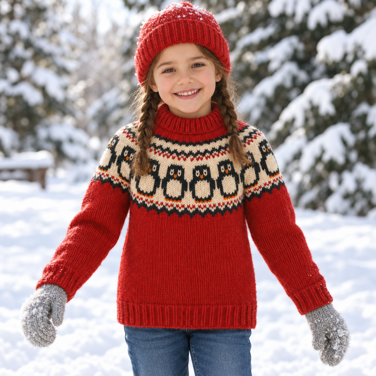 Child’s Penguin Yoke Sweater Knitting Pattern PDF Chunky Christmas Jumper Age 3 - 12