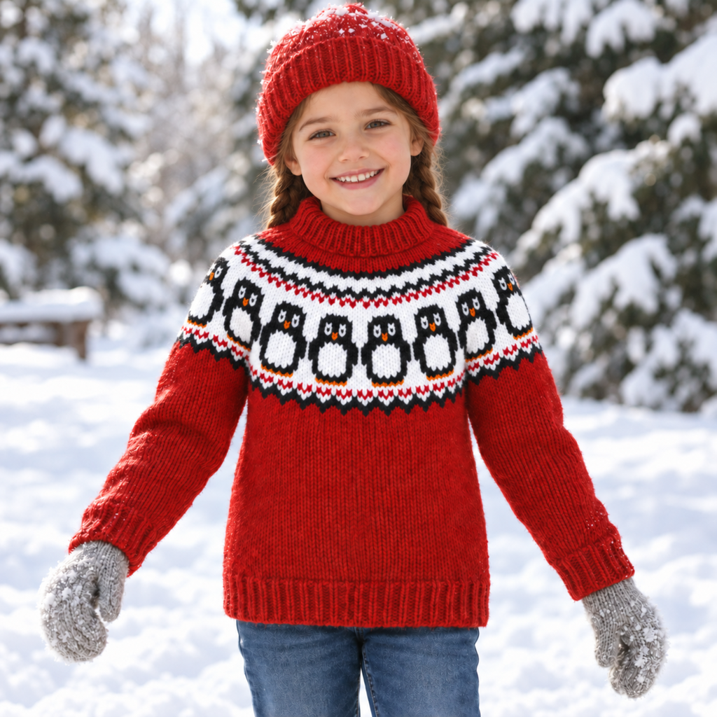 Child’s Penguin Yoke Sweater Knitting Pattern PDF Chunky Christmas Jumper Age 3 - 12