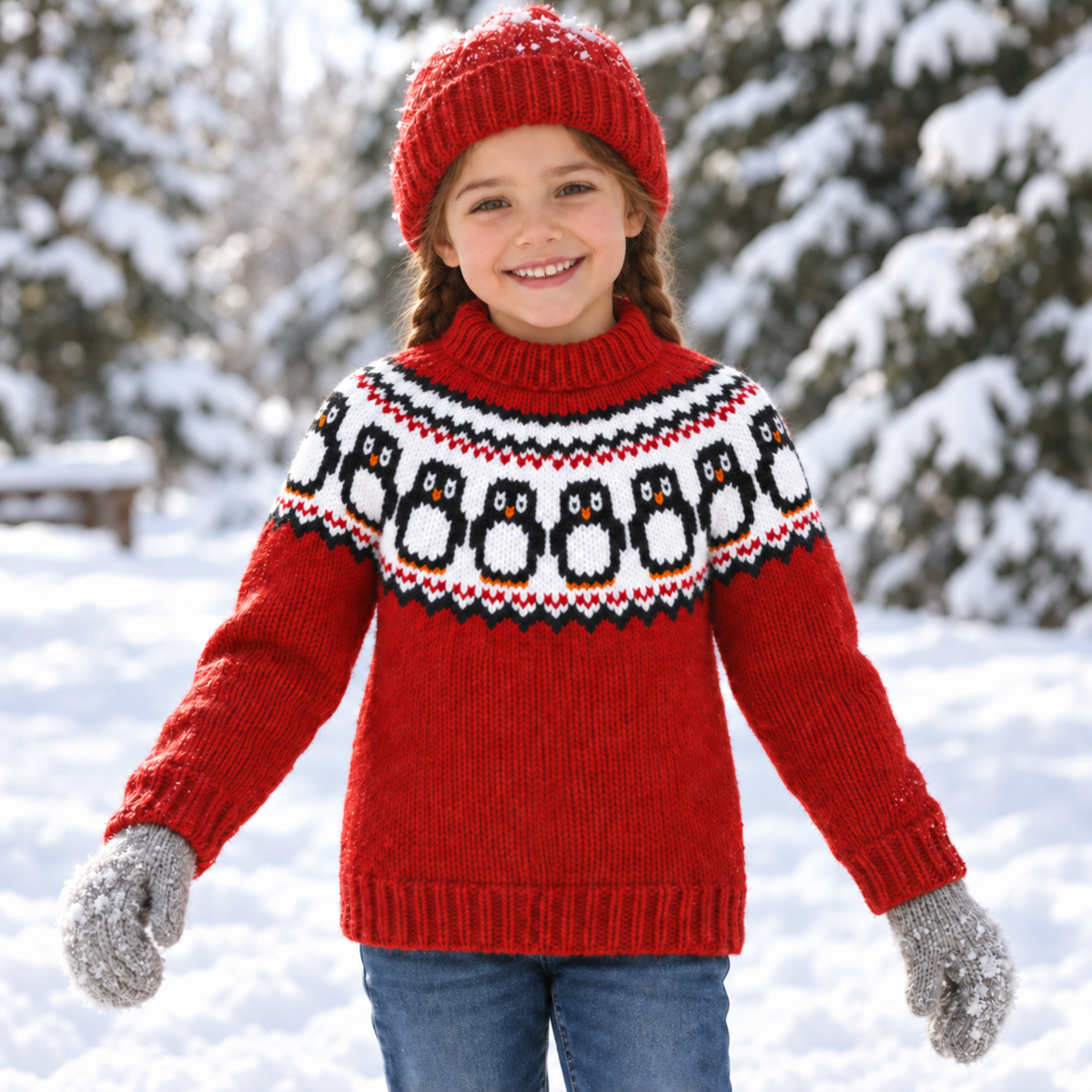 Child’s Penguin Yoke Sweater Knitting Pattern PDF Chunky Christmas Jumper Age 3 - 12