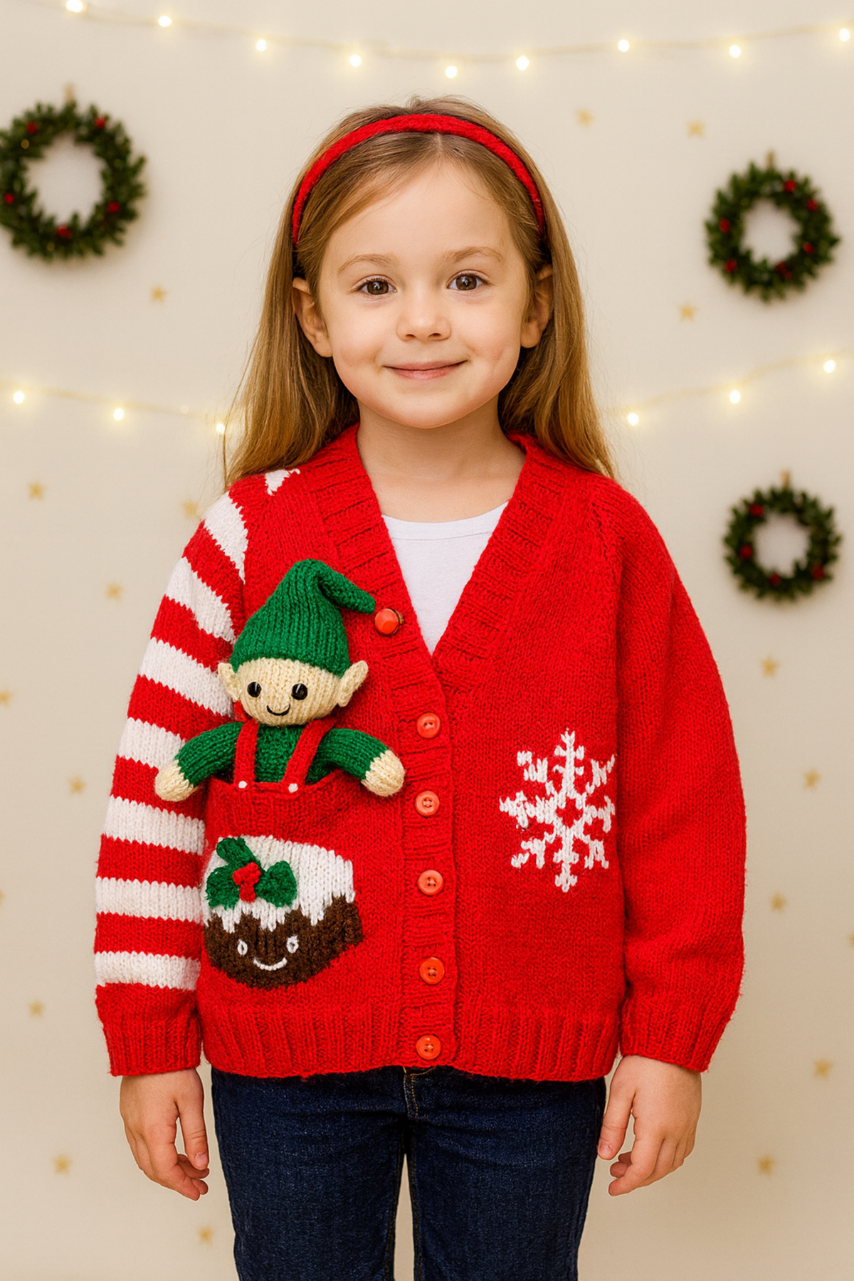 Girls Christmas Cardigan Knitting Pattern PDF & Pocket Elf Toy DK Age 1 - 12 years