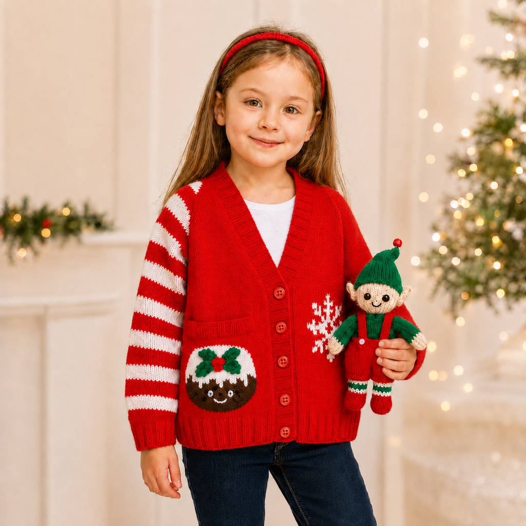 Girls Christmas Cardigan Knitting Pattern PDF & Pocket Elf Toy DK Age 1 - 12 years