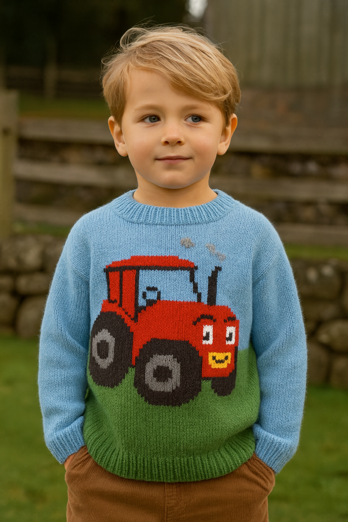 Children's Tractor Motif Sweater Knitting Pattern Baby Boys Jumper DK Age 6mths - 8yrs
