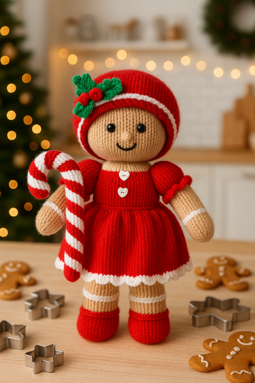 Gingerbread Girl Toy Knitting Pattern PDF with Candy Cane Christmas DK 35cm