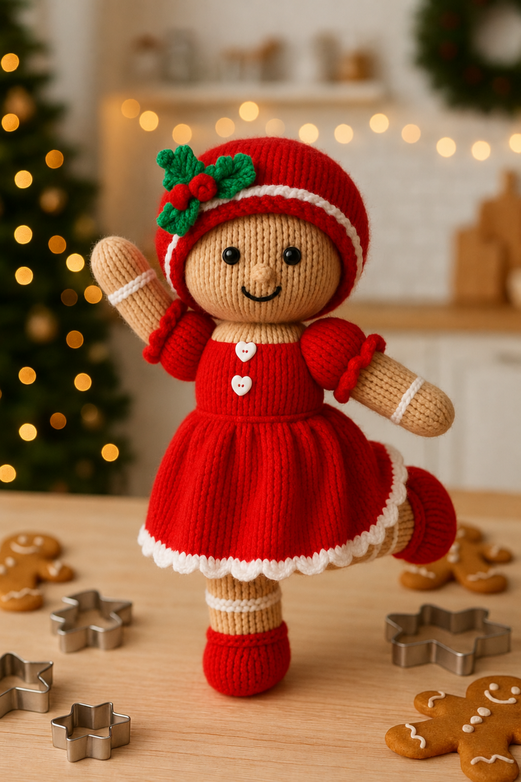 Gingerbread Girl Toy Knitting Pattern PDF with Candy Cane Christmas DK 35cm