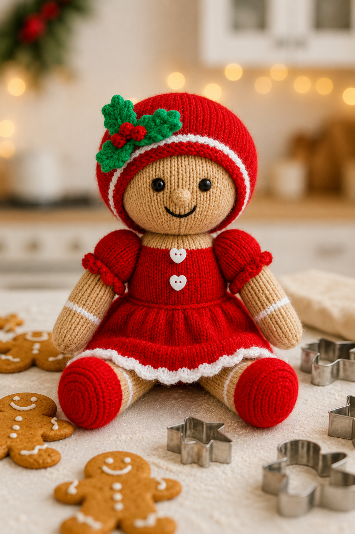 Gingerbread Girl Toy Knitting Pattern PDF with Candy Cane Christmas DK 35cm