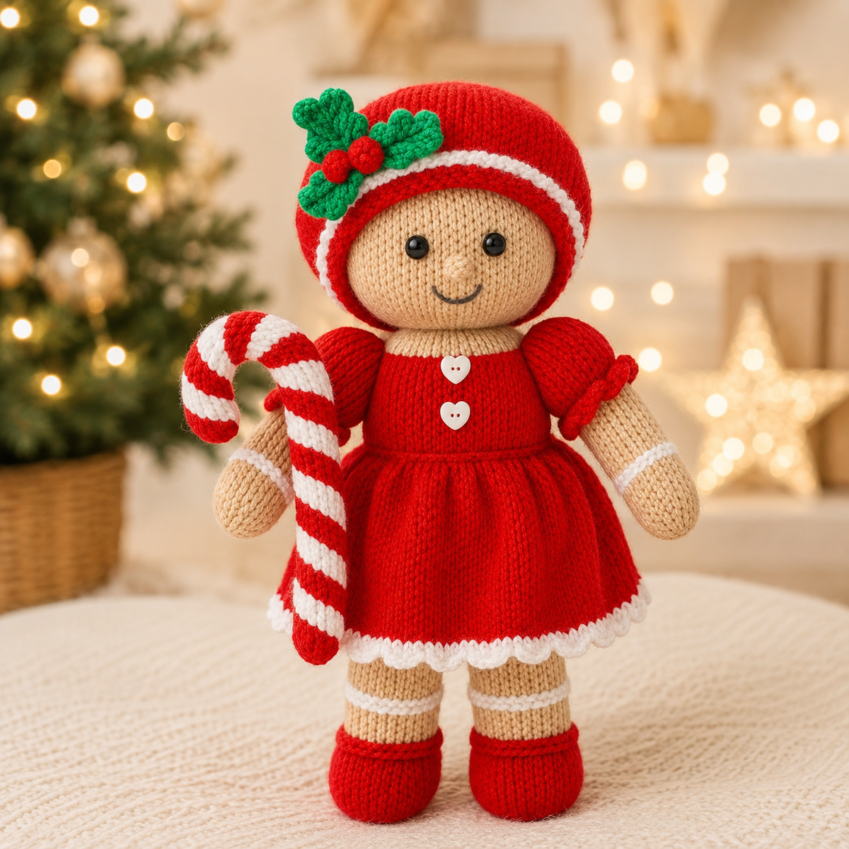 Gingerbread Girl Toy Knitting Pattern PDF with Candy Cane Christmas DK 35cm