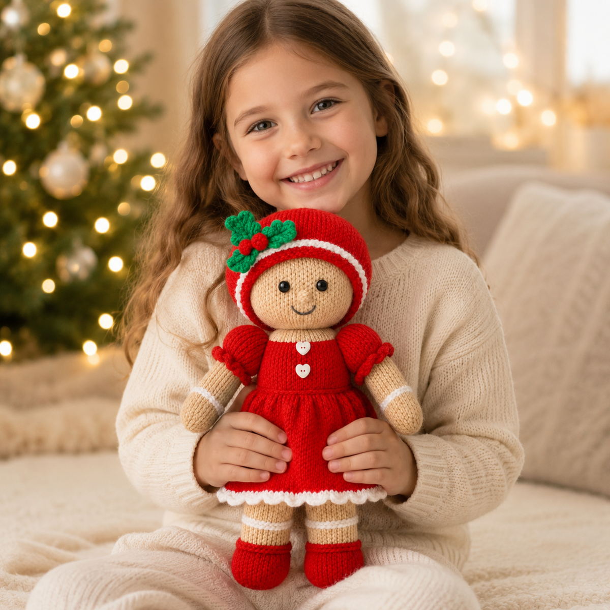 Gingerbread Girl Toy Knitting Pattern PDF with Candy Cane Christmas DK 35cm