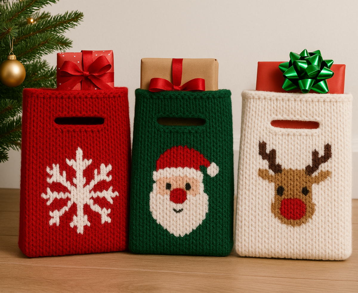 Christmas Gift Bag Knitting Pattern PDF Santa Reindeer Snowflake Aran 18 x 25cm