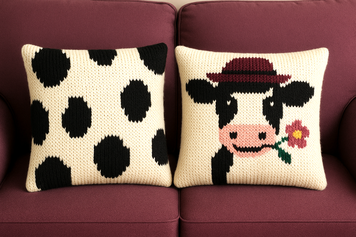 Cow Print & Flower Cow Cushion Pillow Cover Knitting Pattern PDF 40 cm
