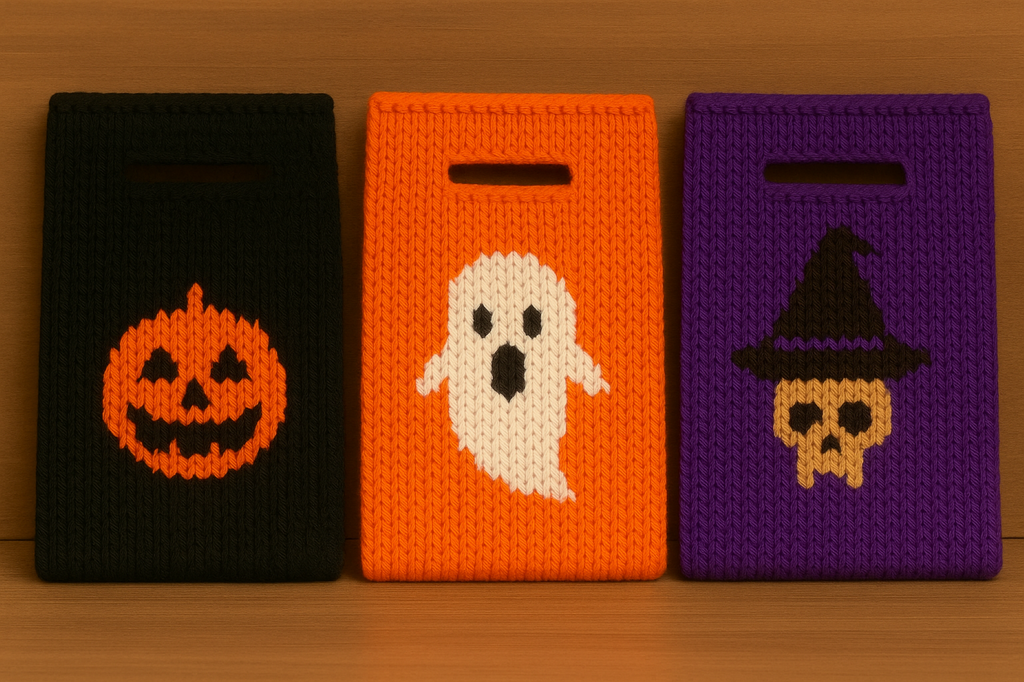 Halloween Gift Bag Knitting Pattern PDF Pumpkin Ghost and Witch Skull Designs Aran