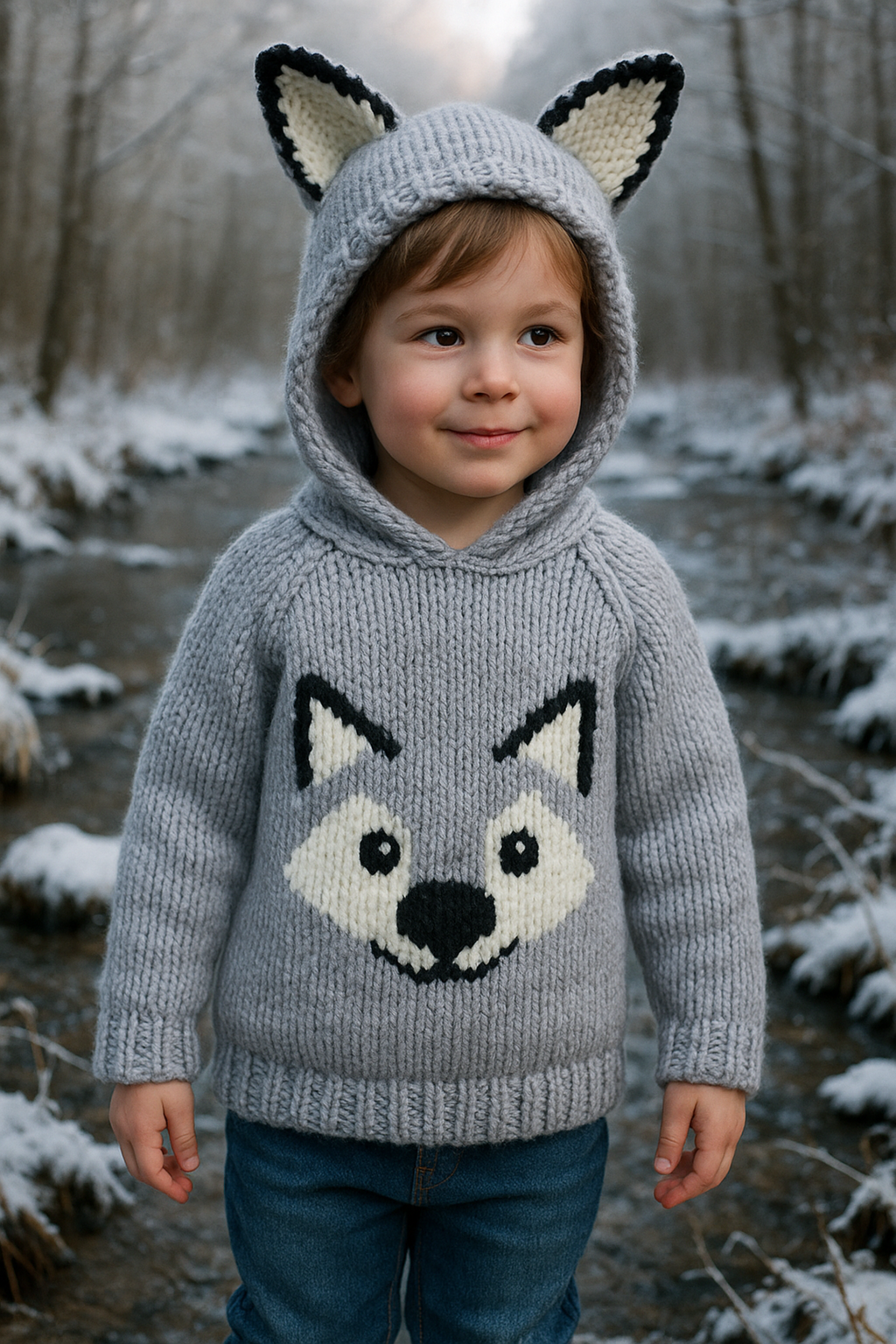 Childs Wolf Hooded Sweater with Ears Knitting Pattern PDF Chunky Jumper Age 1 - 12 years