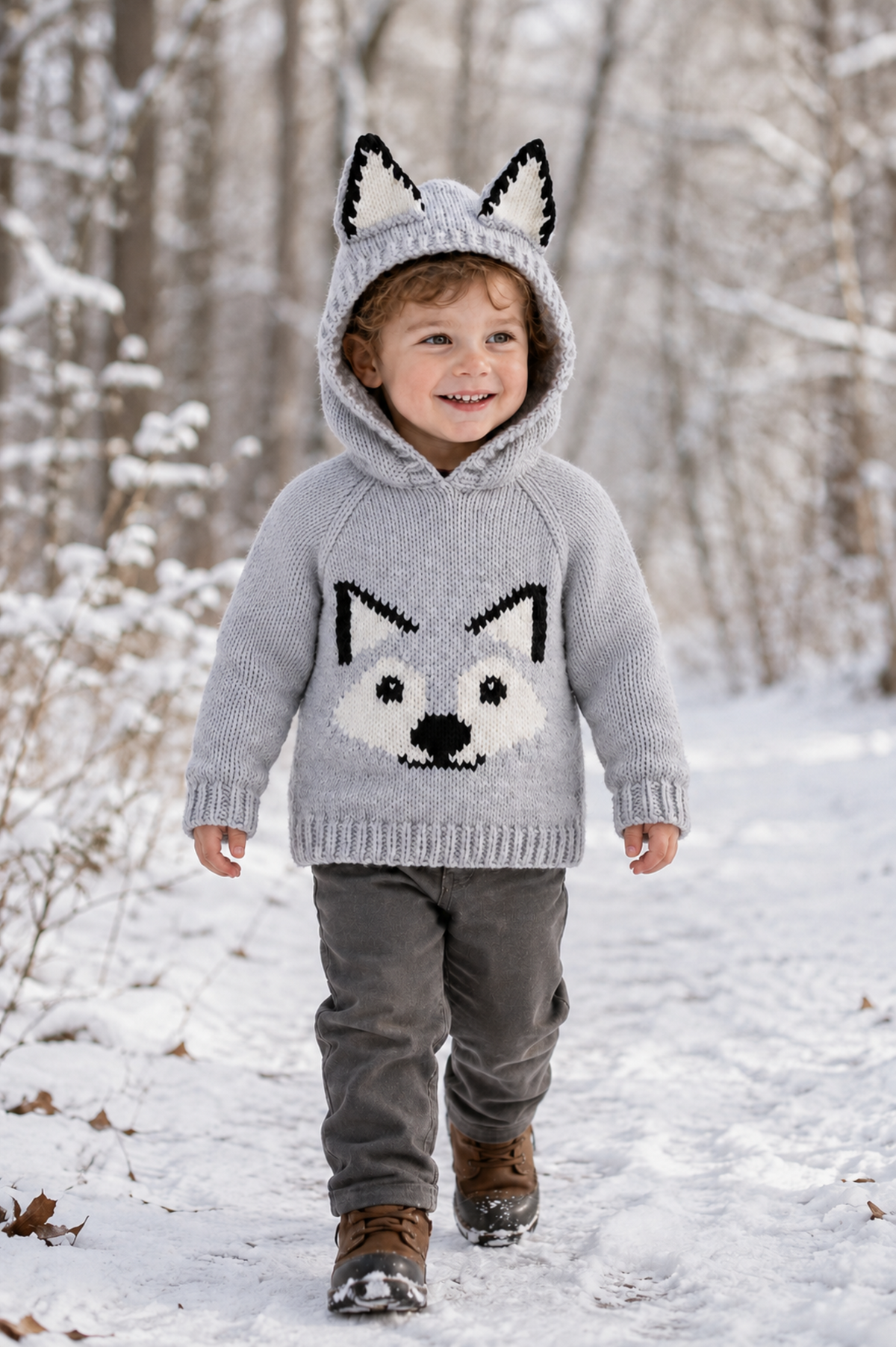 Childs Wolf Hooded Sweater with Ears Knitting Pattern PDF Chunky Jumper Age 1 - 12 years