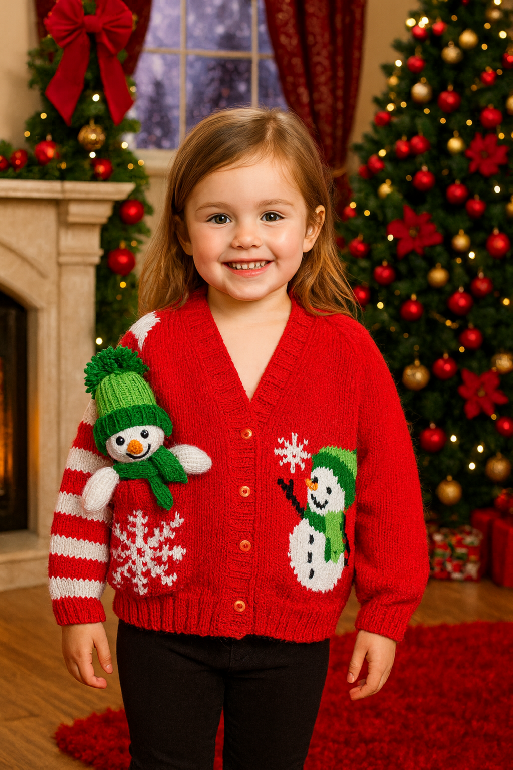 Girls Christmas Cardigan & Pocket Snowman Toy Knitting Pattern PDF DK Age 1 - 12