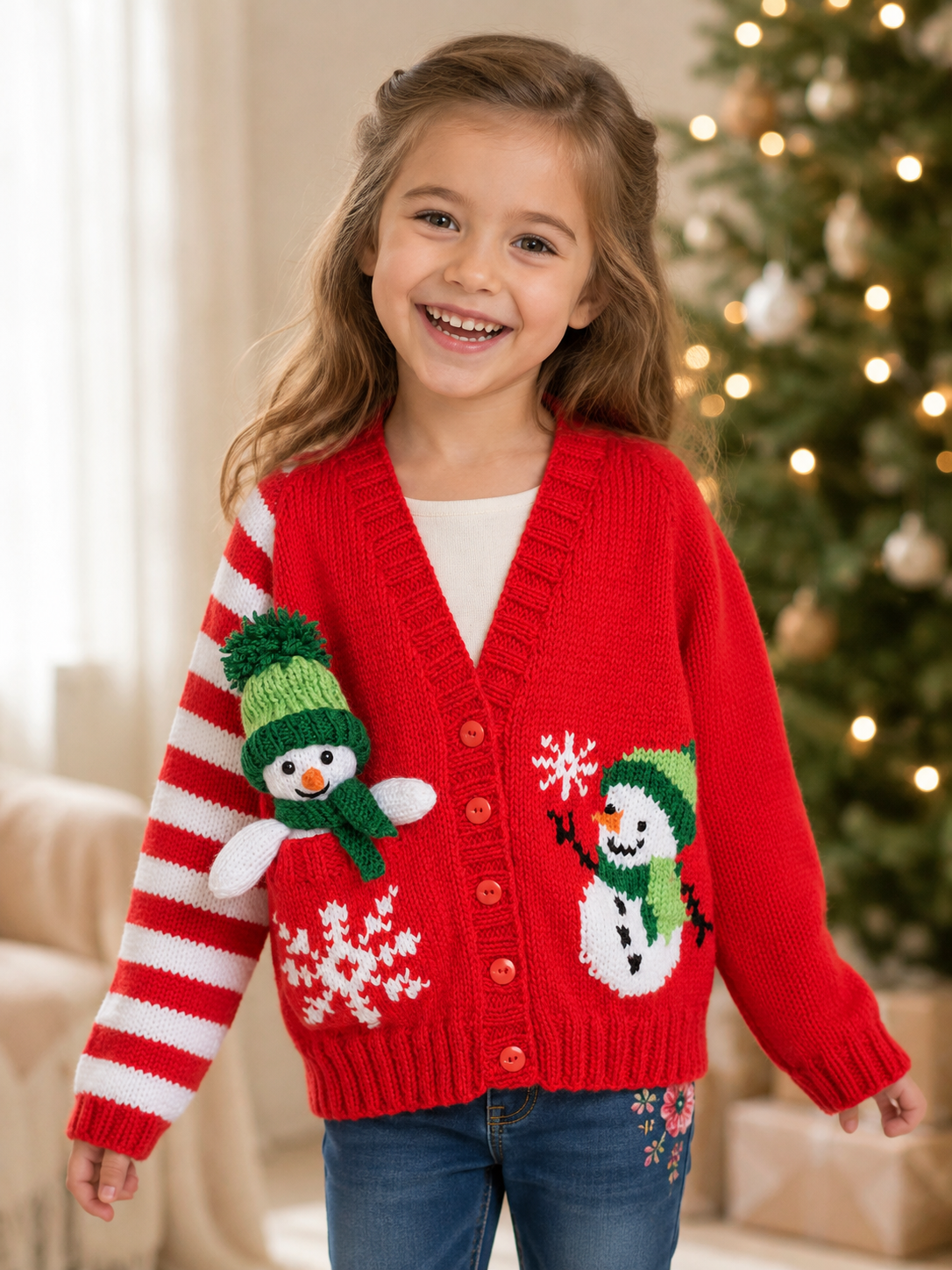 Girls Christmas Cardigan & Pocket Snowman Toy Knitting Pattern PDF DK Age 1 - 12