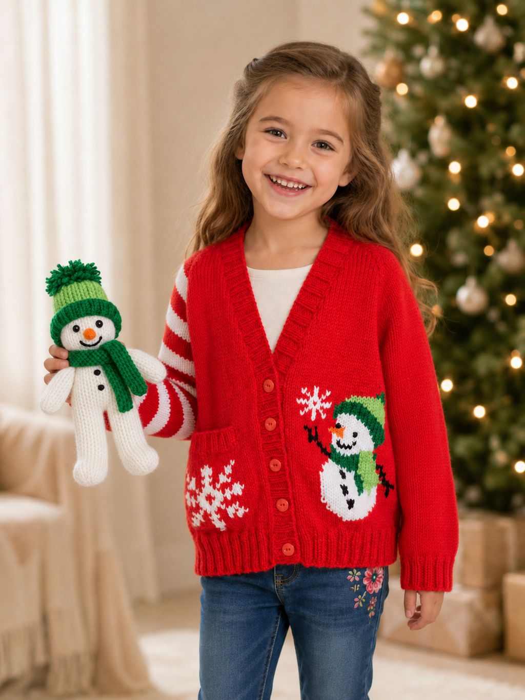 Girls Christmas Cardigan & Pocket Snowman Toy Knitting Pattern PDF DK Age 1 - 12