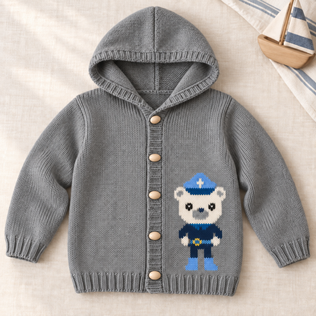 Captain Barnacles Hooded Cardigan Knitting Pattern PDF Character Jacket DK 3mths - 6 years
